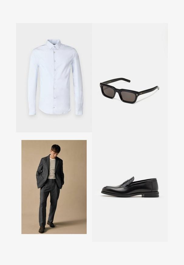 Hele sinine pika varrukaga särk, millel on nööbid allapoole, viis nööpi esiosas ja sile, kergelt läikiv puuvillane tekstuur.; Hall kombineeritud hall ülikond, millel on kergelt sisselõigatud krae ja ees taskud, koos triibulise särgiga. Pükstel on mugav istuvus ja pressitud voldid. Pruunid kingad.; Mustad mustad nahast loafers sileda tekstuuriga, ümarat ninaosa ja dekoratiivne riba vampi üle. Madal kihiline konts, minimalistlik disain.; Mustad mustakorruselised prillid tumedate läätsedega, paks plastikraam, kuldsed aksendid templites ning kaubamärgi logo graveeritud käe lilla.