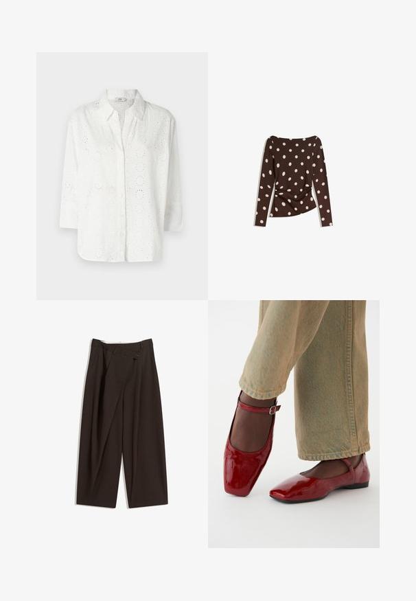 Bela srajca z gumbi, izdelana iz vezenega blaga z luknjicami, ki ima ovratnik in tričetrtinske rokave.; Rjava dolg rokav s krožnim izrezom, ki ima velike bele pikice in zgrinjeno podrobnost pri pasu za oprijet videz.; Temno rjave široke hlače z visokim pasom, ki imajo en gumb za zapiranje in zamaščen sprednji del. Narejene so iz lahkega blaga.; Rdeče lakirane usnjene čevlje s kvadratnim nosom, nizko peto in gležnjarjem, v kombinaciji s svetlo zelenimi širokimi hlačami. Gladka tekstura, odsevna površina.