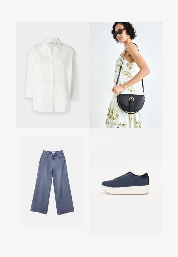 Cămășă albă cu butoni, confecționată dintr-un material brodat cu decupaje în formă de ochi, având guler și mâneci trei sferturi.; Jeans din denim cu picioare largi într-o nuanță de albastru deschis, având talie înaltă, buzunare frontale și închidere cu nasture și bucle pentru curea.; Sneaker albastru închis, cu un material texturat pe partea superioară, talpă platformă albă, vârf rotunjit și accent de călcâi negru. Dispune de șase găuri pentru șireturi.; Geantă din piele neagră, cu o formă curbată, curea detașabilă și accesorii aurii. Geanta are un capac cu un detaliu tip cataramă.