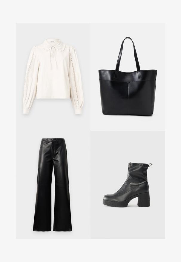 White long-sleeve blouse with scalloped edges on sleeves, a Peter Pan collar with a tied bow, and buttoned cuffs.; Black high-waist wide-leg faux leather pants with front button, zip closure, belt loops, and side pockets on white background.; Black ankle boots made of smooth leather, featuring a side zipper, chunky textured heel, and rounded toe design.; Black leather tote bag with two long handles, a smooth texture, and a structured shape. Features a front pocket for additional storage.