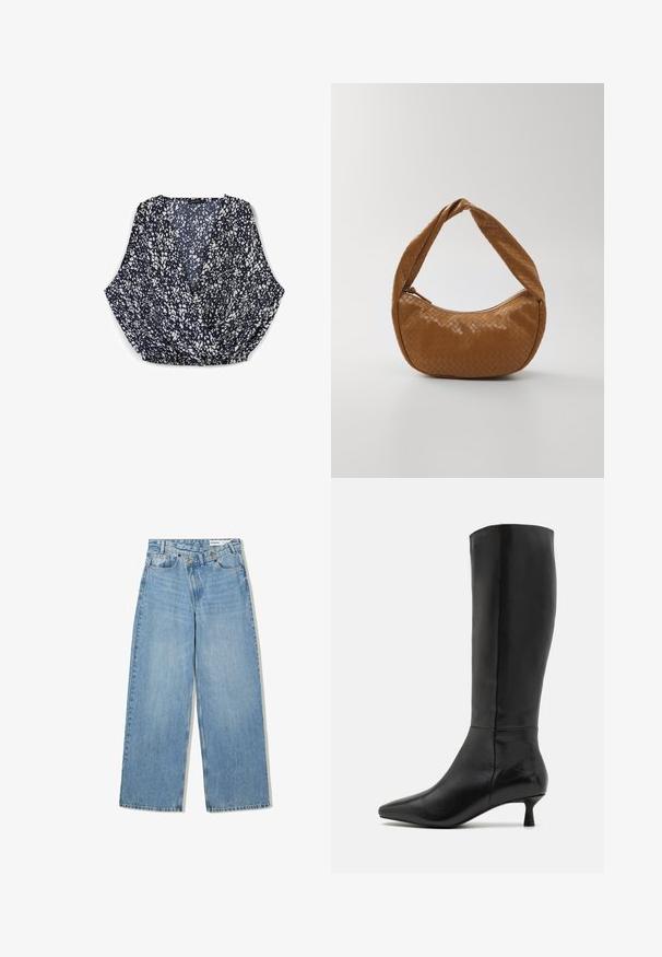 Blusa senza maniche blu navy con un motivo floreale bianco, caratterizzata da un design avvolgente e orlo arricciato per una vestibilità comoda.; Jeans azzurri a gamba larga realizzati in denim, con vita alta, cinque tasche, chiusura a bottone e una leggera scoloritura per aggiungere texture.; Zign Stivali alti - black; Borsa in pelle intrecciata di colore marrone, forma ovale con un manico spesso intrecciato, dotata di chiusura con zip e superficie lucida.