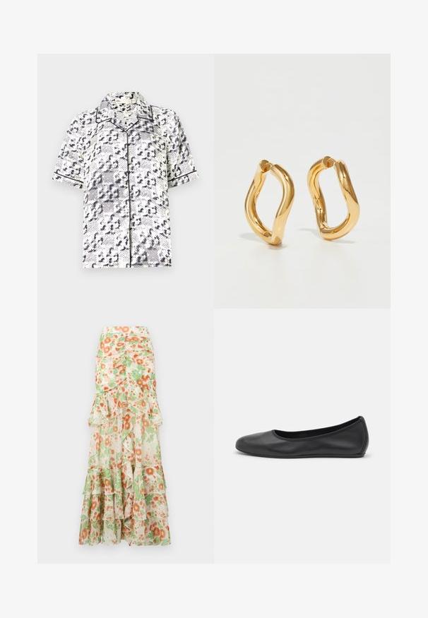 Bela majica s kratkimi rokavi z mornarsko modrim abstraktnim vzorcem, ki ima klasičen ovratnik in kontrastne črne obrobe ob robovih.; Cvečni maksi krilo z bež ozadjem, potiskom pomarančnih in zelenih cvetov, nabranimi plastmi in prilegajočim se pasom.; Črne usnjene balerinke z zaobljenim nosom, gladko teksturo, minimalnimi šivi in fleksibilno zasnovo podplata.; Zlate uhane iz krogov s krivuljasto, nepravilno obliko in gladko, polirano površino. Brez vidnih dodatkov ali okrasitev.