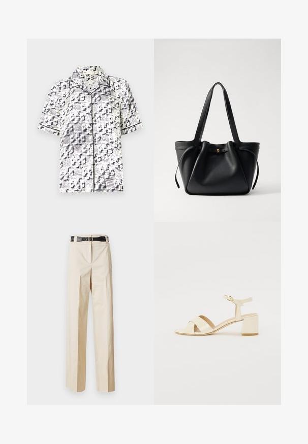 Balta trumpomis rankovėmis marškiniai su jūrinio mėlynumo abstrakčiu raštu, turintys klasikinį apykaklę ir juodą kontrastingą apdailą kraštuose.; Smėlio spalvos platesni kelniai su lygaus paviršiaus tekstūra ir juoda diržu su krokodilo raštu juosmens srityje. Paprastas dizainas be papildomų puošmenų.; Bežinės patentinės odos aukštakulnės šlepetės su kryžminiu dirželiu, atvira nosimi, reguliuojamu kulkšnies dirželiu ir blokuotu kulnu. Lygi tekstūra.; Juodas odinis rankinis krepšys su dviem ilgom diržais, surišamu viršumi ir auksiniu apvaliu akcentu. Lygus paviršius su minimalistiniu dizainu.