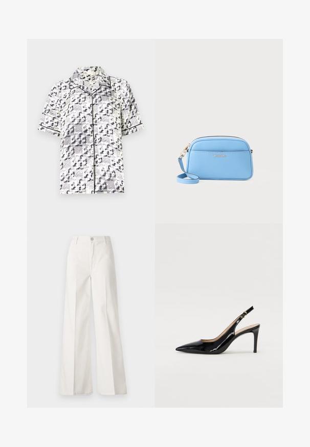 Camisa de manga corta en blanco con un patrón abstracto en azul marino, que presenta un cuello clásico y ribetes en negro que contrastan a lo largo de los bordes.; Pantalones de pierna ancha blancos hechos de algodón con una textura suave. Cuenta con un botón delantero, cremallera y un diseño de cuatro bolsillos.; Zapatos de charol negro con tirante al tobillo, punta afilada, tacón delgado y un diseño de corte sutil. Presenta una hebilla dorada en la correa.; Bolso cruzado de cuero azul claro con herrajes en tono dorado, cierre de cremallera y un bolsillo frontal. cuenta con una correa ajustable para mayor comodidad.