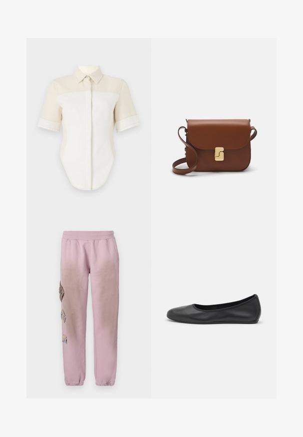 Short-sleeve shirt with a light beige and white color block design, featuring a pointed collar and button closure. Made from a smooth fabric.; Pink sweatpants with an elastic waistband, featuring decorative patches in diamond shapes on the left side and elastic cuffs at the ankles.; Black leather ballet flat with a rounded toe, smooth texture, minimal stitching detail, and a flexible sole design.; Brown leather handbag with a flap closure, gold-tone hardware, a shoulder strap, and a smooth texture. Compact rectangular shape.