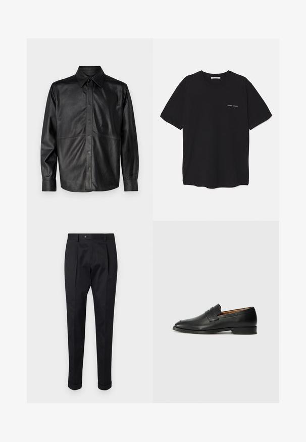 Čierna kožená košeľa s bundou so špicatým golierom, predným uzáverom na gombíky, dlhými rukávmi a viditeľnými švíkmi. Hladká textúra.; Čierne bavlnené tričko s okrúhlym výstrihom, krátkymi rukávmi a bielou potlačou loga na ľavej hrudi. Jednoduchý, jednoliaty dizajn.; Čierne nohavice vyrobené zo hladkej látky, s skladom vpredu, zapínaním na gombík a roľovanými manžetami na členkoch.; Čierne kožené mokasíny s okrúhlou špičkou, jemným prešitím a nízkym podpätkom, s hladkou textúrou a minimalistickým dizajnom.