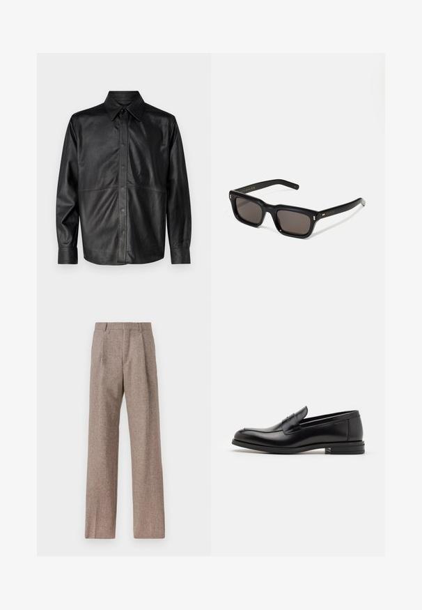 Giacca camicia in pelle nera con colletto a punta, chiusura anteriore con bottoni, maniche lunghe e dettagli di cucitura in vista. Texture liscia.; Pantaloni marroni a vita alta realizzati in tessuto testurizzato. Presentano gambe ampie e due pieghe frontali per struttura. Rifinitura curata senza hardware visibile.; Mocassini neri in pelle con una texture liscia, punta arrotondata e una striscia decorativa sulla tomaia. Tacco basso impilato, design minimalista.; Occhiali da sole neri rettangolari con lenti scure, montatura spessa in plastica, dettagli dorati sulle tempie e logo del marchio inciso sull'asta.; Borsa a tracolla in pelle nera con tasca frontale con zip, logo in rilievo e tracolla regolabile. Texture liscia con una forma strutturata.
