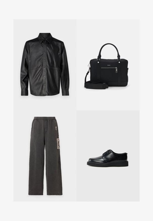 Giacca camicia in pelle nera con colletto a punta, chiusura anteriore con bottoni, maniche lunghe e dettagli di cucitura in vista. Texture liscia.; Pantaloni a gamba larga in tessuto grigio scuro, con una patch decorativa sulla tasca anteriore e una vita elastica per il massimo comfort.; Scarpe nere in pelle con lacci, punta arrotondata, finitura liscia e suola in gomma nera texturizzata. Design minimalista senza motivi visibili.; Borsa a tote sintetica nera con due manici, tracolla rimovibile, tasca frontale con zip e dettagli in metallo argentato.