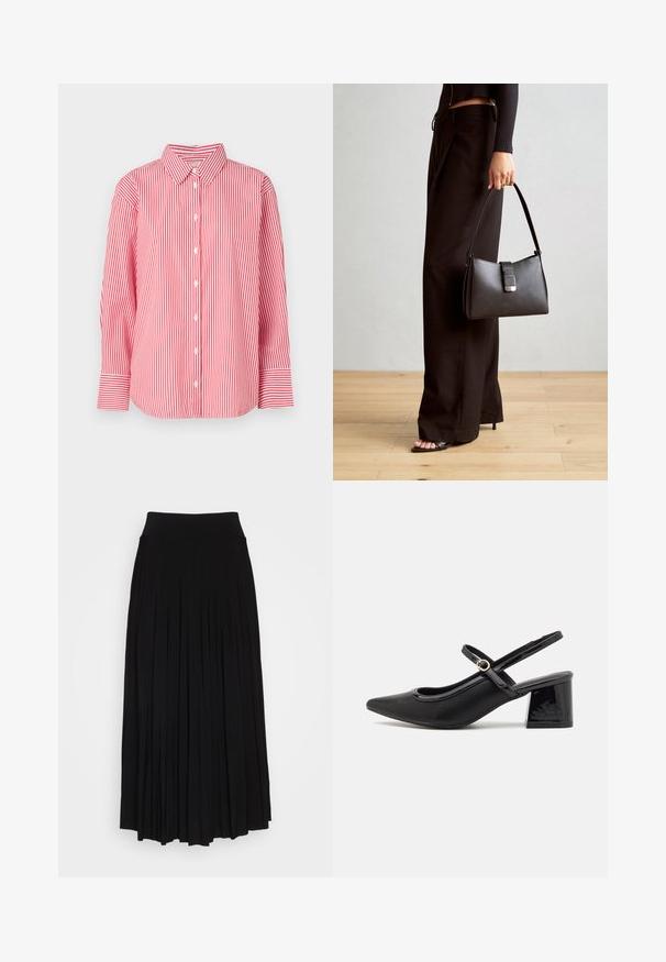 Camicia a maniche lunghe con bottoni a righe verticali rosse e bianche, con colletto e polsini larghi, mostrata su uno sfondo bianco uniforme.; Gonna nera plissettata con vita alta e elastica. Realizzata in tessuto morbido, presenta plissettature verticali per una silhouette fluida.; Décolleté in vernice nera con cinturino dietro, punta affusolata, design con ritagli arrotondati e tacco a blocco. Presenta un accento di fibbia tono oro.; Borsa nera con forma strutturata, texture liscia e una chiusura metallica. Abbinata a pantaloni neri larghi e sandali open-toe su un pavimento in legno.