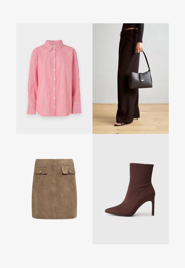 Camicia a maniche lunghe con bottoni a righe verticali rosse e bianche, con colletto e polsini larghi, mostrata su uno sfondo bianco uniforme.; Gonna mini in suede marrone con una texture liscia, caratterizzata da due tasche frontali con patta e chiusura a bottoni su entrambi i lati. Design semplice e dritto.; Stivale alla caviglia in tessuto elasticizzato marrone con punta affusolata e tacco a stiletto di 10 cm. Dettagli delle cuciture lungo i lati, texture liscia e senza chiusure visibili.; Borsa nera con forma strutturata, texture liscia e una chiusura metallica. Abbinata a pantaloni neri larghi e sandali open-toe su un pavimento in legno.