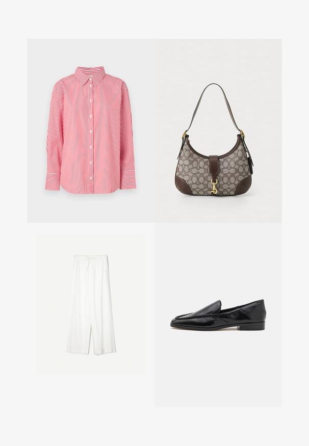 Červeno-biele vertikálne pruhované košele s dlhými rukávmi a golierom, so širokými manžetami, vystavená na jednoduchom bielom pozadí.; Biele široké nohavice s viazaním v pase, zobrazené na jednofarebnom pozadí, zdôrazňujúce ich uvoľnený štýl a textúru látky.; Čierne kožené mokasíny s hladkým povrchom, ktoré majú prešívaný dizajn pozdĺž predného okraja a nízky štvorcový podpätok.; COACH HAMPTONS HOBO BAG IN SIGNATURE JACQUARD - Kabelka - oak maple