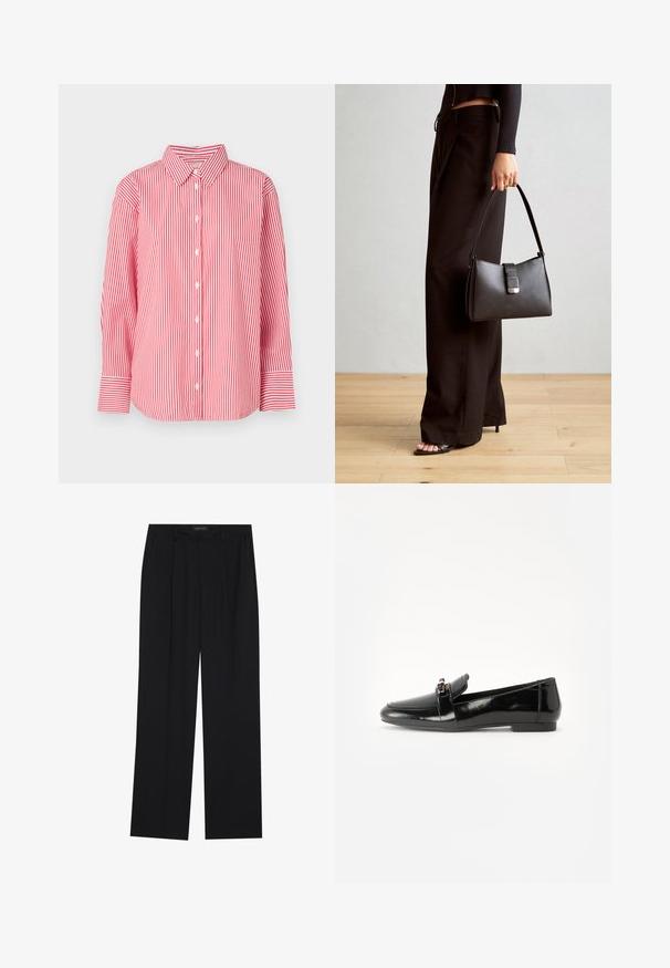 Rood en wit verticaal gestreepte langarm overhemd met kraag en brede manchetten, gepresenteerd op een effen witte achtergrond.; Zwarte broeken met een rechte pijpontwerp, voorzien van twee voorkanten zakken en een tailleband. Gemaakt van een gladde, lichte stof.; Zwarte gepatenteerde leren loafer met een vlakke zool, ronde teen en een decoratieve band met een gouden accen. Gladde, glanzende afwerking.; Zwarte handtas met gestructureerde vorm, gladde textuur en een metalen sluiting. Gecombineerd met brede zwarte broeken en sandalen met open teen op een houten vloer.