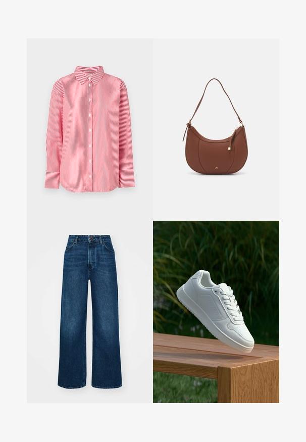 Camisa de botões de manga longa, com riscas verticais vermelhas e brancas, com colarinho e punhos largos, exposta em fundo branco liso.; Jeans de cintura alta e pernas largas em denim azul escuro com uma textura suave, costuras em contraste e design de cinco bolsos. Fecho frontal com botão.; Sapatilha branca com um cabedal sintético liso, caixa dos dedos perfurada, atacadores planos e uma sola texturizada, exposta sobre uma superfície de madeira.; Mala de ombro em pele sintética castanha com forma curva, costura minimalista e detalhe em metal dourado. Apresenta fecho de zíper no topo e alça ajustável.