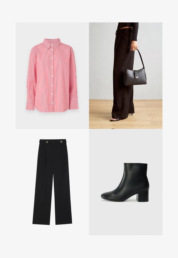 Piros és fehér függőleges csíkozású, hosszú ujjú gombos ing, gallérral és széles mandzsettával, egyszínű fehér háttér előtt bemutatva.; Fekete, bő szárú nadrág magas derékkal, gombos részletekkel a derékrészen és elülső pliszékkal.; Fekete bőr bokacsizma hegyes orral és vastag sarokkal. Sima felület minimális díszítéssel és karcsú, passzos kialakítással.; Fekete kézi táska strukturált formával, sima textúrával és fémből készült záródással. Széles fekete nadrággal és nyitott orrú szandállal párosítva, fából készült padlón.