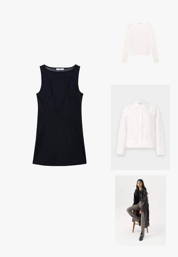 Bela jakna z dolgimi rokavi, ki vključuje subtilno cvetlično vezenje, koničast ovratnik in ravno krojenje z gumbom za zapiranje. Mehka, teksturirana tkanina.; Mornarsko prugasta brezrokavna obleka s pravim krojem, ki vsebuje stranske žepe in okrogel izrez. Gladka tekstura tkanine.; Dolgimi rokavi bela majica iz mehke tkanine. Ima zaobljen izrez in skrajšan dizajn. Gladko teksturo brez vidnih vzorcev ali poudarkov.; Črn usnjen trench plašč z gumbi in detajli pasu, v kombinaciji s svetlo rjavimi prilegajočimi hlačami in črnimi loferji, sedeč na lesenem stolu.