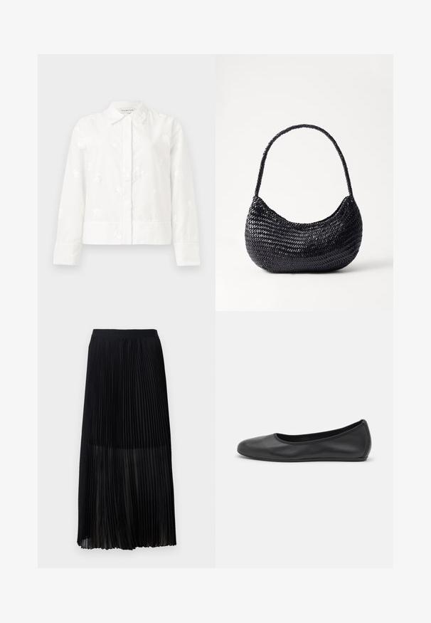 White long-sleeve jacket featuring subtle floral embroidery, a pointed collar, and a straight cut with a button closure. Soft, textured fabric.; Black pleated midi skirt with a smooth, elastic waistband and sheer overlay, featuring fine vertical pleats throughout the fabric.; Black leather ballet flat with a rounded toe, smooth texture, minimal stitching detail, and a flexible sole design.; DRAGON DIFFUSION NOVA LUNA - Handbag - black
