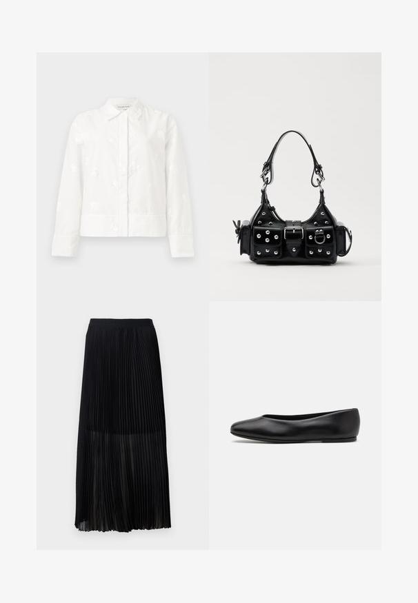 White long-sleeve jacket featuring subtle floral embroidery, a pointed collar, and a straight cut with a button closure. Soft, textured fabric.; Black pleated midi skirt with a smooth, elastic waistband and sheer overlay, featuring fine vertical pleats throughout the fabric.; Paul Smith TOPANGA - Ballet pumps - black; Black leather handbag with a curved design, featuring silver studs, a buckle, and two side pockets. Adjustable strap for carrying options.