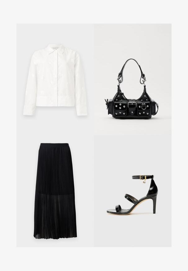 Bílá dlouhá bunda s dlouhými rukávy, která má jemnou květinovou výšivku, špicatý límec a rovný střih s knoflíkovým zapínáním. Měkká, texturovaná tkanina.; Černá plisovaná midi sukně s hladkým elastickým pasem a průhlednou vrstvou, která má jemné vertikální plisování po celé látce.; Černé lakované kožené sandály se třemi pásky, sponou na kotníku a 10 cm jehlovým podpatkem. Obsahují zlaté kovové detaily a logo přívěsek.; Černá kožená kabelka s křivkovým designem, zdobená stříbrnými hřebíky, s přezkou a dvěma bočními kapsami. Nastavitelný popruh pro různé možnosti nošení.