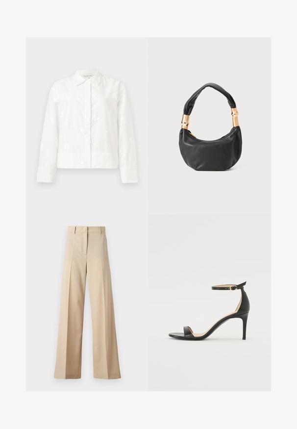 Valge pika varrukaga jakk, millel on peened lillemustrid, terav krae ja sirge lõige koos nööbiga sulgemisega. Pehme, tekstuuriga kangas.; Kreemikad laiad püksid, mis on valmistatud siledast kangast, millel on tasapinnaline esiosa koos voldikutega, lukuga esiosa ja vöökohale silmused. Üldine puhas istuvus.; Must musta kõrgete kontsadega sandaal, millel on pahkluule kinnituv rihm. Omab sileda tekstuuri, avatud varbaosa ning õhukest kontsa. Kuldtooniline pandla detail.; Must mustrepp nahkakott ümmarguse kujuga, pehme tekstuuriga ja sõlmiga käepidemega, millel on kuldse tooni aksessuaarid. Lukuga sulgemine.