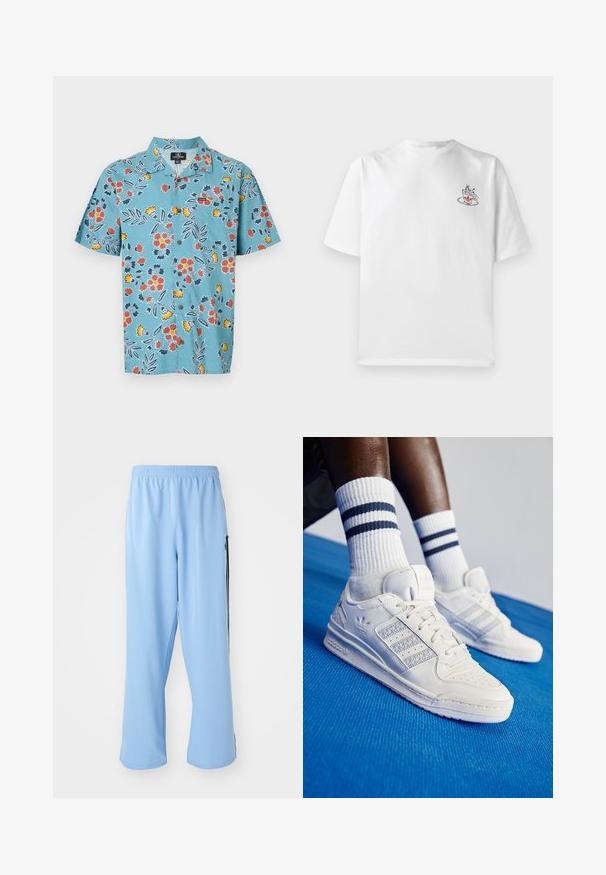 Svijetloplava majica kratkih rukava s cvjetnim uzorkom u crvenoj, žutoj i tamnoplavoj boji, s klasičnom kragnom i dugmetima.; Bijela pamučna majica s kratkim rukavima, na lijevoj strani grudi sadrži mali grafički prikaz šalice kave u ružičastoj i crnoj boji.; Svijetloplave atletske hlače od glatkog materijala, s elastičnom trakom u struku i kontrastnim crnim bočnim prugama.; Bijele kožne tenisice s perforiranim detaljima, tri metalna pruga i teksturirani bočni panel. Nosi se s bijelim čarapama sa plavim prugama.