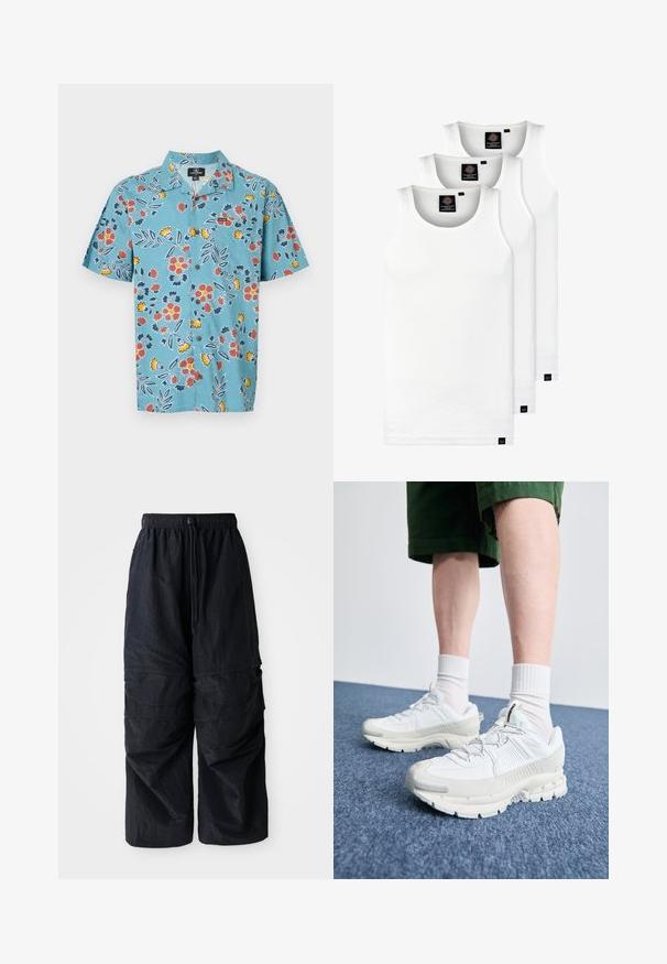 Hele sinine lühikese varrukaga särk, millel on punaste, kollaste ja tumepunaste lillede muster, klassikalise krae ja nööpide sulgemisega.; Kolm valget ribaga t-särki, mis on valmistatud puuvillast. Omavad ümmargust kaelanõhku ja väikseid musti silte hemme lähedal. Saadaval erinevates suurustes.; Mustad must have elastse pahklpüksid reguleeritava paelaga ja mitme kihilise taskuga jalgadel.; Valged sportsijalatsid tekstuursete pealsete, kopsaka tallaga ja hallide aktsentidega. Kanda valgete lühikeste sokkidega ja roheliste lühikeste pükstega sinisel pinnal.