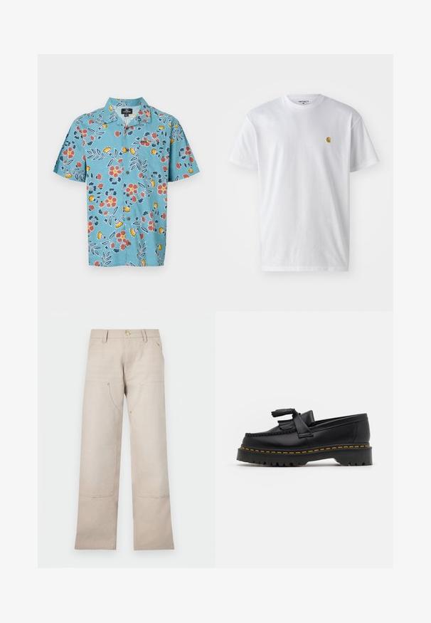 Lysblå kortærmet skjorte med blomstermønster i rød, gul og mørkeblå, med klassisk krave og knaplukning.; Hvid bomulds t-shirt med korte ærmer, rund hals og et lille guld logo på venstre brystområde. Blød tekstur og almindelig pasform.; Beige bomuldsbukser med lige ben-design, der har to forlommer og to lynlåse detaljer. Guldfarvet hardware fremhæver.; Sort læderloafer med en frynsedetalje, der har en kraftig sort sål og gul syninger langs kanten. Teksturert overflade.