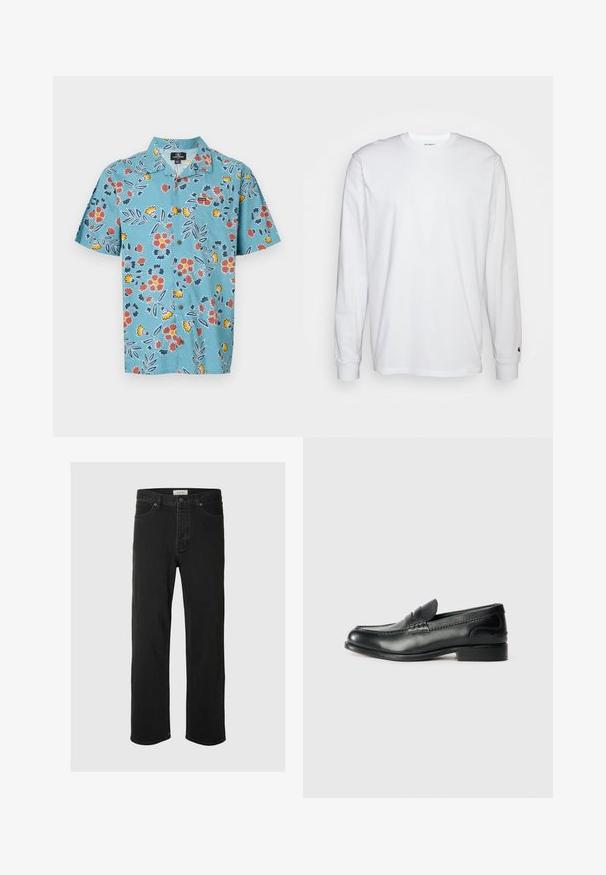 Jasnoniebieska koszula z krótkim rękawem w kwiatowy wzór w kolorze czerwonym, żółtym i ciemnoniebieskim, z klasycznym kołnierzykiem i zapięciem na guziki.; Biała, długospełna koszulka wykonana z bawełny. Klasyczny krój z okrągłym dekoltem, ściągaczami na rękawach oraz małym logiem na lewym rękawie. Gładka tekstura.; Czarne dżinsy straight-leg cechują się klasycznym pięciopocketowym wzorem, z zapięciem na guzik, minimalnym przeszyciem oraz miękką teksturą.; Czarne skórzane mokasyny z gładkim wykończeniem, haftowanymi detalami wzdłuż przodu buta oraz lekko podniesionym obcasem.