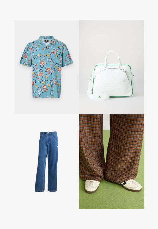 Lyseblå kortermet skjorte med blomster mønster i rød, gul og mørk blå, med klassisk krage og knappelukking.; Blå høyhalsede vide denimjeans med frontlommer, belteholdere, knappelukking og liten Adidas-logo på høyre lår.; Brune og blå rutete vide bukser sammen med hvite sko med svarte detaljer og teksturerte såler, satt mot en grønn bakgrunn.; Hvit lærveske med grønn kant, med et fremtredende preget logo, doble håndtak, en avtakbar stropp og en glidelås frontlomme.