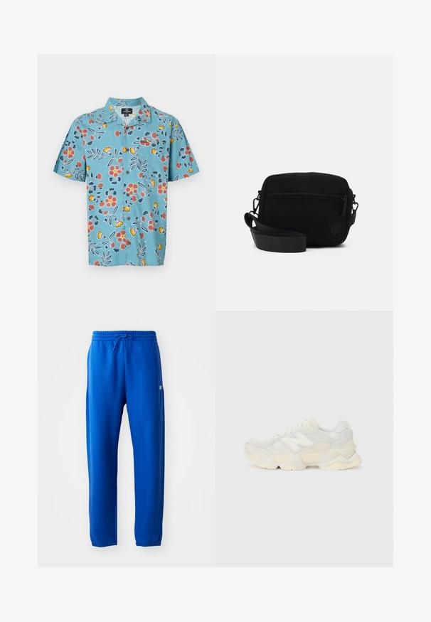 Hele sinine lühikese varrukaga särk, millel on punaste, kollaste ja tumepunaste lillede muster, klassikalise krae ja nööpide sulgemisega.; Sinised dressipüksid, mis on valmistatud pehmest kangast, elastse vöökohaga ja nööridega, kitsenevate jalgadega ning väike logodetail külgedel.; Kerge tenniseking, mille pealis on valmistatud võrgust ja seemisnahast pehmes kreemitoonis, koos paksu tallaga ja kolmemõõtmeliste aktsentidega.; Mustast korduroyist crossbody kott, millel on üks lukuga sektsioon, reguleeritav rihm ja tekstureeritud pind. Omab peent logo.