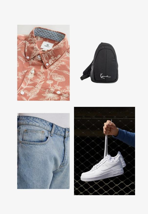 Kortærmet skjorte i koral med hvidt blomstermønster, struktureret stof, hvide knapper og en kontrastende mønstret indre krave. Brandlabel synlig.; Lys blå denim jeans med en klassisk pasform, der har en baglomme, kontrastsying og en glat tekstur.; Hvide lædersneakers med perforeringer, rund tå, flad sål og tykke snørebånd, med et synligt swoosh-logo og "AIR" på hælen.; Sort stof sling rygsæk med en glat overflade, som har en buet design, lynlåslomme og et hvidt logo på forsiden.