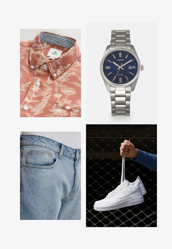 Lyhythihainen paita korallivärissä, jossa valkoisia kukkakuoseja, rakenneosin valmistettu kangas, valkoiset napit ja erottuva kuviollinen sisäkaulus. Brändilogo näkyvissä.; Vaaleansiniset farkut klassisella leikkuulla, joissa on takatasku, kontrastiväriset tikkaukset ja sileä pinta.; Valkoiset nahkasneakersit, joissa on rei'ityksiä, pyöreä kärki, tasapohja ja paksut nauhat, joissa on näkyvä swoosh-logo ja "AIR" kantapäässä.; Harmaa ruostumaton teräs rannekello, jossa on tummansininen kellotaulu, metalliset tuntimerkit ja päivämääränäyttö kello 3:ssa. Vesitiivis 50 metriin asti.