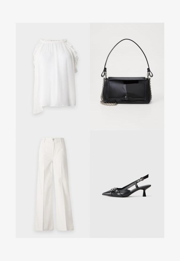 Valge ilma varrukateta topp, mis on valmistatud kergest, tekstuurist kangast. Omab volangakujulisi detaile kaela- ja õlavarreosa juures. Asümmeetriline ääreline.; Valged laiade jalgadega püksid, mis on valmistatud siledast puuvillast. Omab esitallist ning lukuga sulgemist ja nelja tasku disaini.; Must must have must toote tõmblukuga, dekoratiivsed rihmad metallist silmadega ja madal blokk-kand. Tekstureeritud pind.; Mustmust mustkott mustmust mustkott, millel on ristkülikukujuline kuju, kettstrap ja silmapaistev viimistlusaktsent keskel. Sile tekstuur.