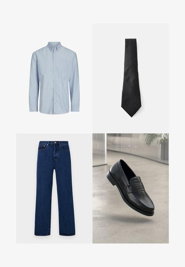 Camicia a maniche lunghe a righe in blu chiaro e bianco, dotata di colletto con bottoni, tasca sul petto e taglio dritto. Tessuto misto cotone.; Jeans in denim blu scuro con taglio dritto, dotati di cuciture arancioni, patta con bottoni e due tasche frontali con rivetti a contrasto.; Mocassino in pelle nera con texture liscia, punta appuntita e una fascia decorativa sul collo del piede. Suola leggera, design minimale.; Cravatta nera con un motivo a trama, che si restringe verso l'estremità appuntita. Realizzata in un tessuto liscio, presenta un design sottile. Le dimensioni sembrano standard.