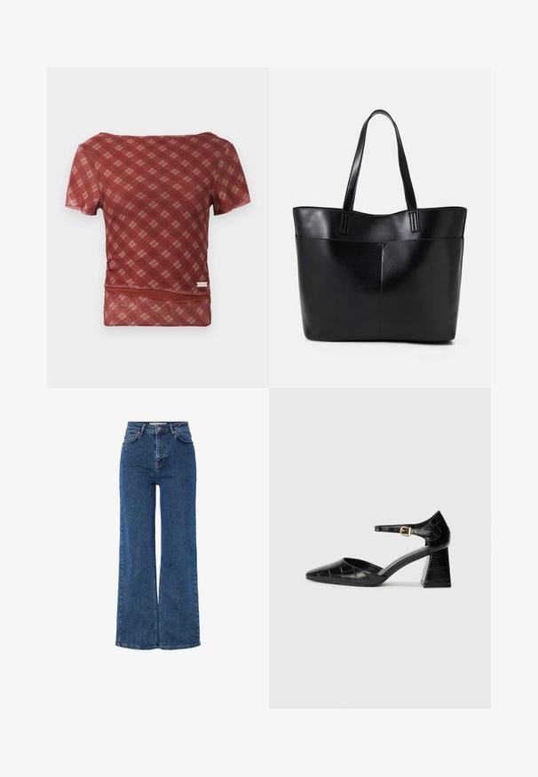 Kratka majica s kratkim rukavima u crveno-bež kariranom uzorku s glatkom teksturom i strukiranim strukom, koja ima donji rub s suptilnim nabranim detaljem.; Traperice s visokim strukom u plavoj boji, širokih nogavica, s tradicionalnim dizajnom od pet džepova, metalnim dugmetom za zatvaranje i kontrastnim šavovima.; Crna lakirana visoka potpetica s izoštrenim prstom, remenom oko gležnja i teksturiranom krokodilskom šablonom. Dizajn kvadratne blok potpetice.; Crna kožna torba s dugim ručkama, glatkom teksturom i strukturiranim oblikom. Ima prednju džep za dodatno pohranu.