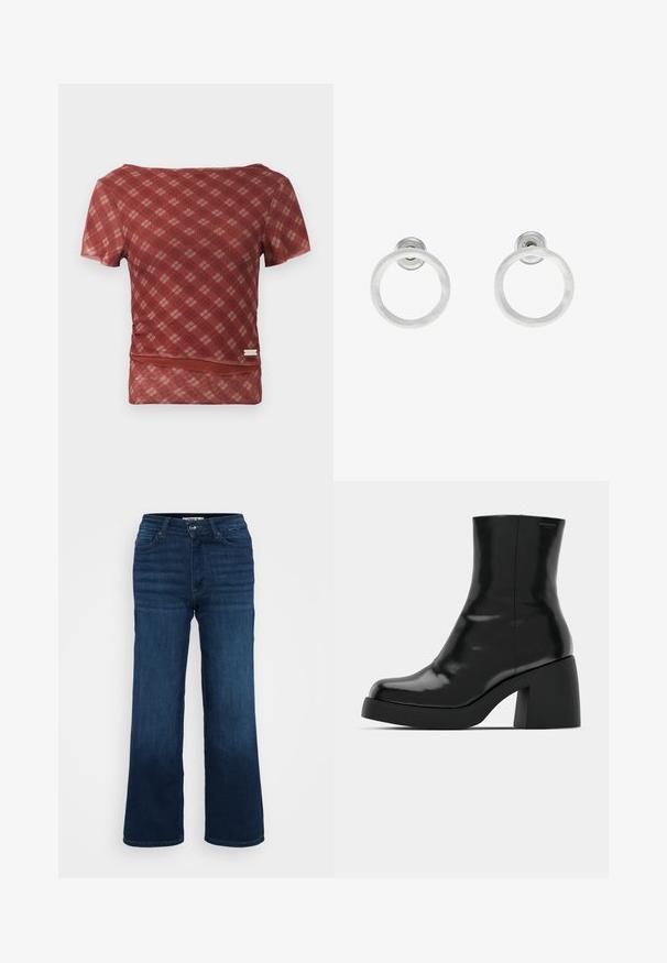 Rød og beige ternet bluse med korte ærmer, glat tekstur og en tætsiddende talje, der har en kant med en subtil samlingsdetalje.; ONLY Petite ONLMADISON BLUSH WIDE - Wide leg - dark blue denim; Sorte ankelstøvler med en blank finish, firkantet tå og en tyk blokhæl. Designet har en strømlinet silhuet og minimal branding.; Sølvmetalløreringe med en børstet tekstur, der har et cirkulært design og en klar post til sikker bæring.