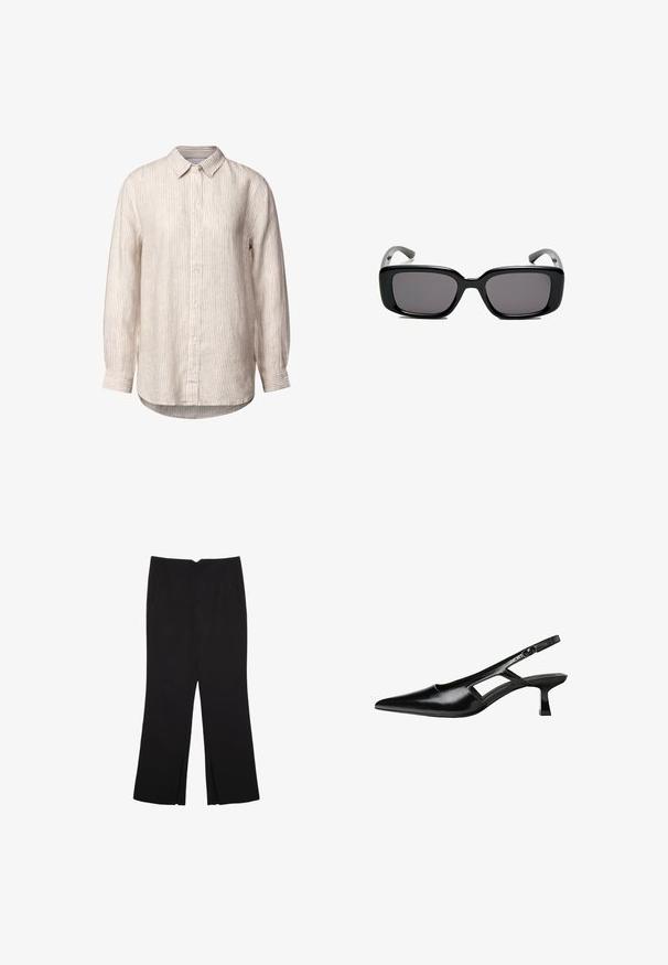 Vaaleanbeige nappipaita, jossa on ohuita pystysuoria raidoituksia, puuvillakangasta, pitkät hihat, kaulus ja pyöristetty helma. Varustettu valkoisilla napeilla.; Mustat housut suoralinjaisella leikkauksella, joissa on etutaskut ja sivurei'ät helman alla. Valmistettu pehmeästä ja sileästä kankaasta. Sopii eri tilaisuuksiin.; Mustat lakatut nahkakengät, joissa on viistopää, leikattu sivusuunnassa ja pieni neliökoroke. Sujuva pinta, jossa on minimaalinen koristelu.; Mustat suorakulmaiset aurinkolasit tummilla linsseillä, sileä muovikehys ja kaarevat templet. Suunnittelu on jykevä ja minimalistinen.; Valkoinen olkalaukku, joka on valmistettu sileästä materiaalista, ja siinä on soikioaukko sekä leveä olkaremmi. Yksinkertainen ja moderni, ilman näkyvää metalliosaa.