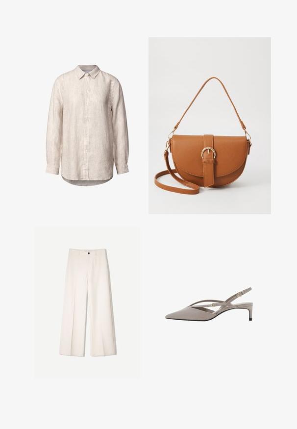Vaaleanbeige nappipaita, jossa on ohuita pystysuoria raidoituksia, puuvillakangasta, pitkät hihat, kaulus ja pyöristetty helma. Varustettu valkoisilla napeilla.; Kerman leveletut housut räätälöidyllä designilla, joissa on kaksi etutaskua ja yksi etunapituksilla, valmistettu sileästä kankaasta.; Beige slingback-kengät, joissa on terävä kärki, ohuet ristikkäin menevät remmit ja lyhyt stiletto-korko. Sileä kangas, jossa on kultasävyisiä yksityiskohtia.; Ruskean nahkainen olkalaukku, jossa on kaareva muoto, kultaiset yksityiskohdat ja solkiyksityiskohta. Varustettu irrotettavalla olkahihnalla.