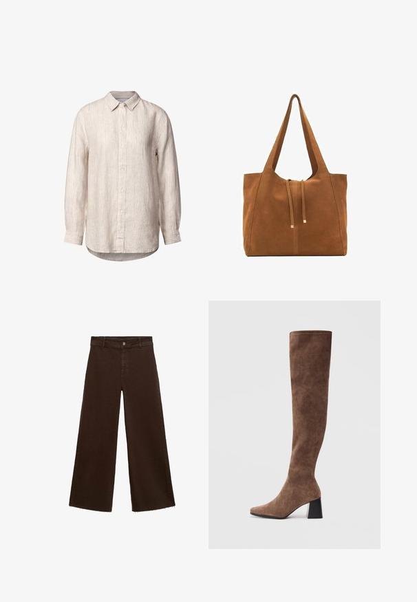 Camisa abotonada de un beige claro con finas rayas verticales, de tejido de algodón, de mangas largas, con cuello y borde redondeado. Presenta botones blancos.; Pantalones de pierna ancha marrones en una mezcla de algodón, con un dobladillo deshilachado, cierre frontal de botón y diseño clásico de cinco bolsillos. Minimalistas y versátiles.; Botas marrones por encima de la rodilla hechas de suave ante con punta afilada y un chunky tacón negro. El diseño presenta costuras sin fisuras para un aspecto elegante.; Bolso tote de ante marrón con dos asas largas, cierre de cordón y un diseño minimalista. Textura suave y sin acentos de hardware visibles.