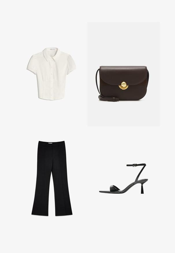 White short-sleeve collared shirt with button front and pleated detail on the sides, designed for a fitted look.; Black flared trousers with a smooth texture, two front pleats, and a mid-rise waistband, designed for a tailored fit.; Bershka High heeled sandals - black; Furla SFERA ROUND - Cross body bag - cioccolato