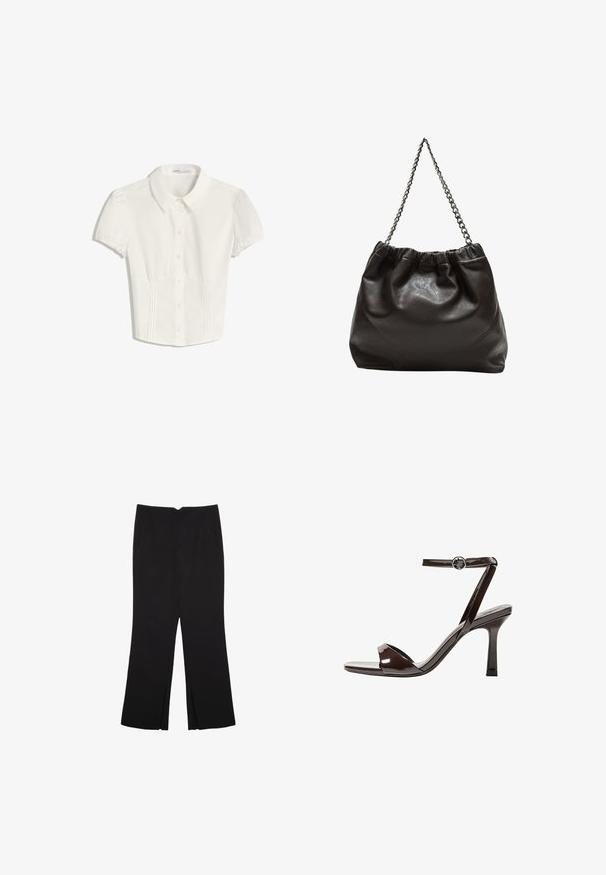 Camicetta bianca a maniche corte con colletto, chiusura con bottoni e dettagli plissettati sui lati, progettata per un look aderente.; Pantaloni neri a gamba dritta, con tasche frontali e spacchi laterali all'orlo. Realizzati in tessuto morbido e liscio. Adatti a diverse occasioni.; Sandalini con tacco alto in pelle verniciata marrone, con cinturino alla caviglia, punta aperta e un design elegante e minimalista. Presentano un tacco quadrato.; Borsa in pelle marrone con parte superiore arricciata e tracolla a catena. Texture liscia con finitura lucida e dettagli di cucitura sottili sui lati.