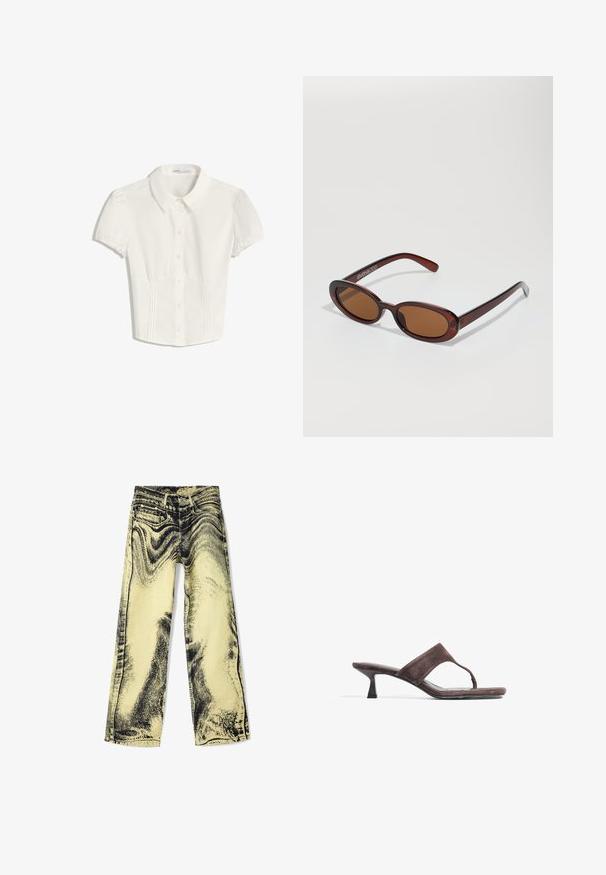 Vit kortärmad skjorta med krage, knäppning fram och plisserade detaljer på sidorna, designad för en fitted look.; Breda byxor i gul denim med ett svart grafiskt tryck. Har fem fickor, normal midja och synlig sömnad längs sömmarna.; Bruna mockaklassiska slidesandaler med en rem mellan tårna, låg kittenklack och en slät, platt sula. Minimalistisk design med en elegant silhuett.; Runda, bruntonade solglasögon med en glansig bordeauxfärgad ram. Smala bågar med subtilt varumärkesdetalj. Platt linsdesign.