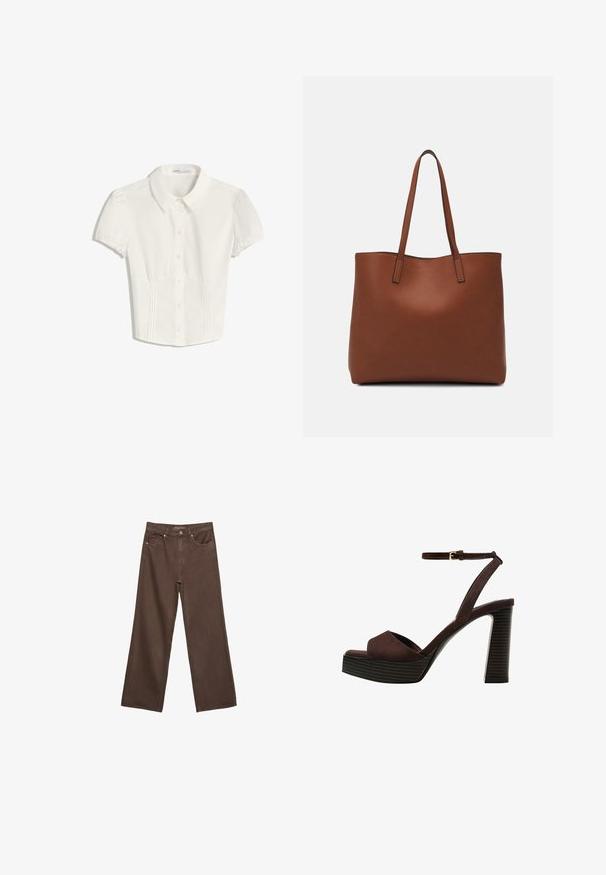 White short-sleeve collared shirt with button front and pleated detail on the sides, designed for a fitted look.; Wide-leg brown jeans made of denim, featuring a high waist, front pockets, and a classic button closure. Smooth texture with subtle stitching.; Brown suede high-heeled sandal with an open toe, adjustable ankle strap, and a striped platform sole.; Brown leather tote bag with a smooth texture, open top design, and two shoulder straps. Features minimal stitching and no visible hardware.