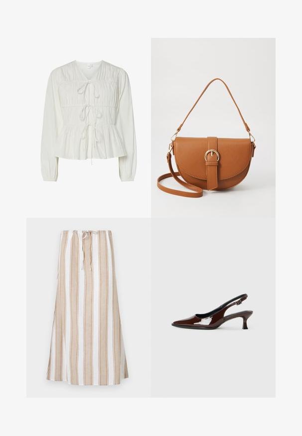 Fehér, hosszú ujjú blúz, három elülső megkötő pánttal, gyűrt szövet részletekkel, rugalmas mandzsetta ujjakkal és peplum stílusú alsó résszel.; Csíkos szoknya fehér és világosbarna színekben, húzózsinóros derékkal és hosszú, bájos ráncolással. Könnyű anyagból készült, laza szabással.; Barna lakkbőr slingback cipő hegyes orral és mérsékelt sarkal. Biztonságos illeszkedést biztosító csattal rendelkezik. Sima textúra.; Barna bőr keresztbody táska ívelt formával, aranyszínű fémrészekkel és csat díszítéssel. Levehető vállpánttal rendelkezik.