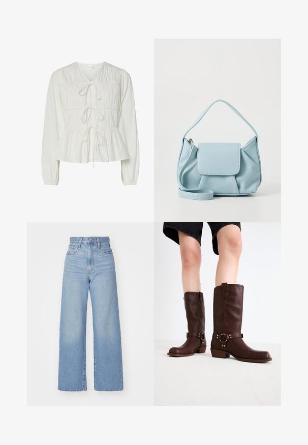 Vit långärmad blus med tre knytningar i fronten, rynkade tygdetaljer, elastiska manschetter och en kjol i peplum-stil.; Ljusblå högmidjade vida jeans med knapp- och dragkedjestängning, fram- och bakfickor, mot en vit bakgrund.; Bruna läderknähöga stövlar med rundad tå, strukturerad yta, ankelrem och detaljer i silver; klack med staplad design.; Ljusblå läderhandväska med ett handtag på toppen, framficka med klaff och avtagbar handledsrem på vit bakgrund.