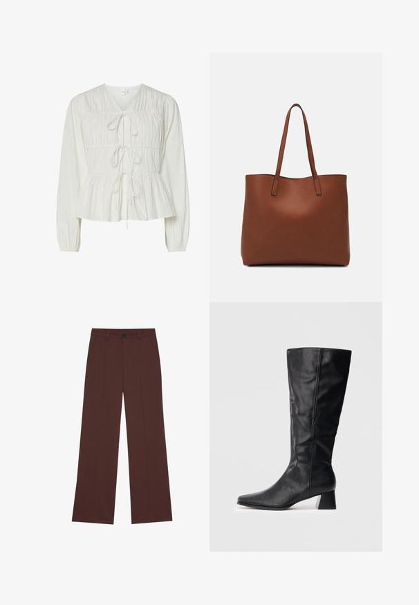 White long-sleeve blouse with three front tie closures, gathered fabric details, elastic cuffs, and a peplum-style hem.; Wide-leg trousers in a rich brown fabric. Features a button closure, two front pockets, smooth texture, and clean lines.; Black mid-calf leather boot with pointed toe and block heel on plain light background.; Brown leather tote bag with a smooth texture, open top design, and two shoulder straps. Features minimal stitching and no visible hardware.