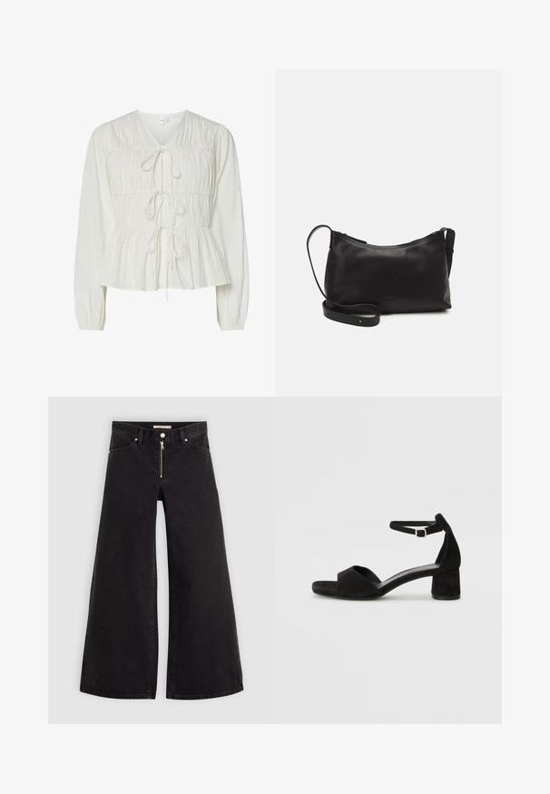 Hvit langermet bluse med tre frontlisser, samlet stoffdetaljer, elastiske mansjetter og en peplumstil nederst.; Vide benbukser i sort denim med glidelås i front, fem-lomme design og subtile sømdetaljer. Glatt tekstur og avslappet stil.; Sorte semskede hælede sandaler med en tynd ankelrem, åbent tådesign og en beskeden blokhæl. Glat tekstur og minimale accenter.; Svart skinn skulderveske med glatt tekstur, buet form, justerbar stropp og glidelås. Minimalistisk design uten dekorasjoner.