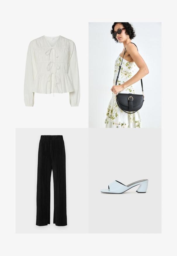 Balta ilgomis rankovėmis palaidinė su trimis priekio raukimo užsegimais, surinkto audinio detalėmis, elastinėmis rankovėmis ir peplumo stiliaus apatine dalimi.; Juodi plisuoti kelnės su elastine juosta. Turėkite plačias kojas ir glotnų, tekstūrinį audinį su vertikaliais dryžiais.; Šviesiai mėlynos atvirų pirštų kulno mules su geometriniu dizainu, turinčios plačią juostą per pėdą ir stambų, kampuotą kulną.; Juodas odinis krepšys su išlenkta forma, nuimamu dirželiu ir auksiniais detalėmis. Krepšys turi kilpą su sagtimi.