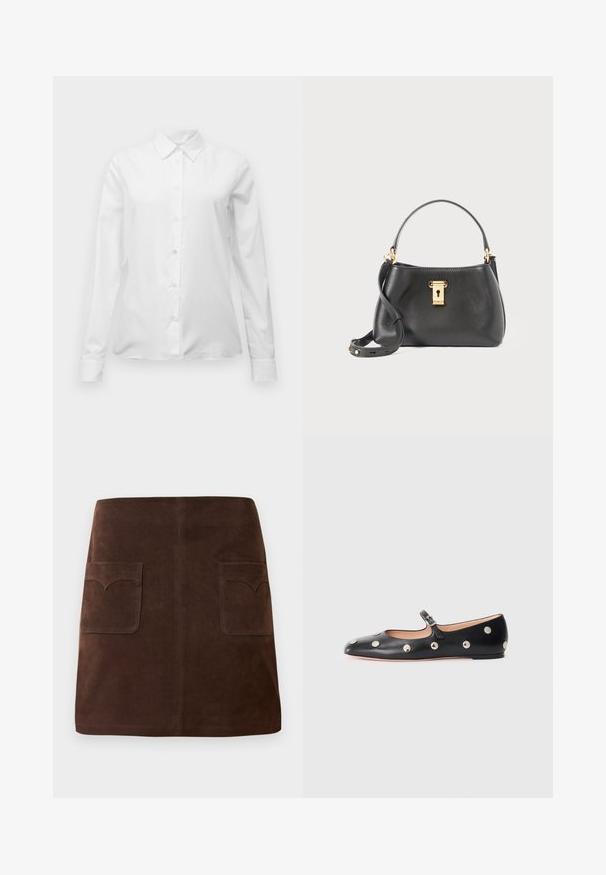 Camicia bianca a maniche lunghe con colletto a punta, vestibilità su misura e polsini, esposta su uno sfondo bianco uniforme.; Gonna in suede marrone con una classica forma a campana, due tasche frontali con alette arrotondate e dettagli di cucitura sottili.; Scarpa flat nera in pelle tipo Mary Jane con punta arrotondata, caratterizzata da borchie circolari argentate e una fascia regolabile con fibbia.; Borsa a mano in pelle nera con una finitura testurizzata, dotata di chiusura a lucchetto dorato, manico corto e tracolla staccabile.