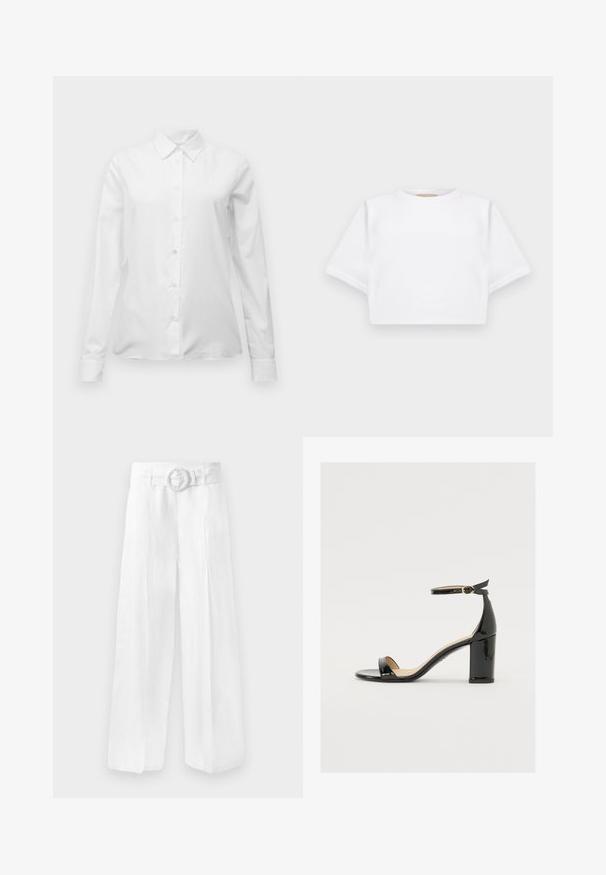Cămașă albă cu mânecă lungă, cu guler ascuțit, croială ajustată și manșete, afișată pe un fundal alb simplu.; Tricou alb scurt dintr-un material moale, cu mâneci scurte, decolteu rotund și detalii ribbrate la margine. Design simplu și fără embellishments.; Pantaloni albi din in cu picioare largi, având talie cu curea și cataramă circulară. Textură netedă, cu o croială lejeră, fără motive vizibile.; Sandal cu toc lat din piele lacuită neagră, cu vârf deschis și curea pentru gleznă, având o cataramă aurie. Textură netedă și design elegant.