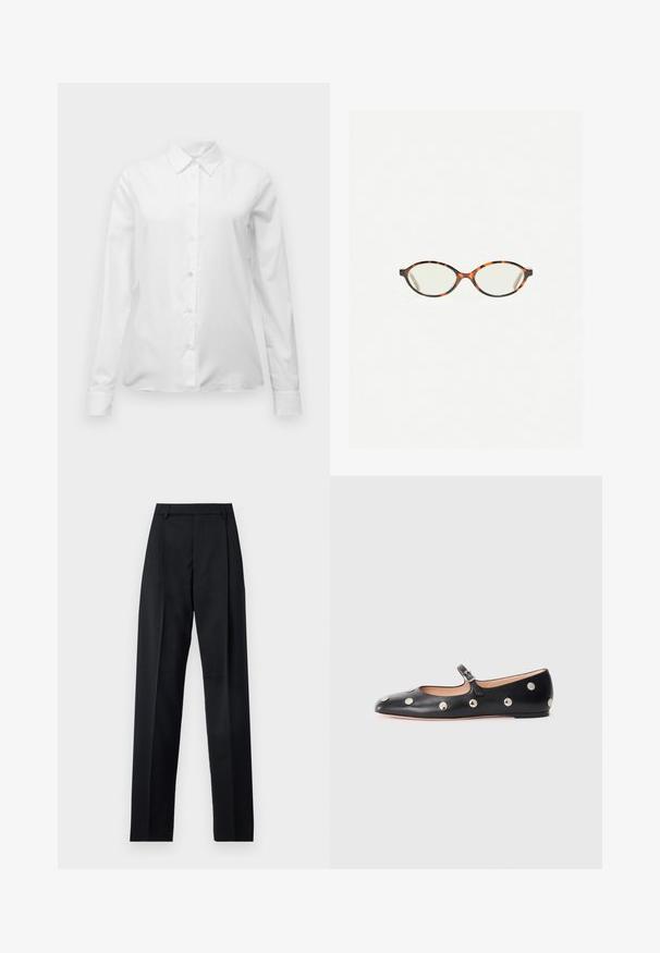 Bela srajca z dolgimi rokavi, gumbnim zapenjanjem in špicastim ovratnikom, v kroju, prikazana na enobarvni beli podlagi.; Črne hlače iz gladkega materiala, ki imajo visok pas, široke noge, sprednje nabore in klasične zanke za pas. Nevidni stranski žepi.; Črne usnjene Mary Jane balerinke z zaobljenim noskom, opremljene z zlatimi krožnimi mošnjo in nastavljivim trakom z zaponko.; Kornjačaste očala z ovalnimi lečami in gladko, sijočo površino. Imajo tanke stranice z rahlim ovinkom na templjih. Prosojne leče.